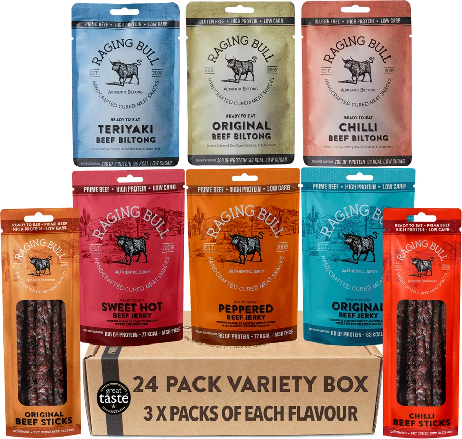 Raging Bull 24 Bag Variety Box of biltong, jerky and droewors