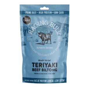 Teriyaki biltong 28g bag from Raging Bull Snacks
