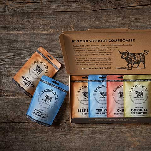 Raging Bull Snacks selection of biltong and jerky flavours including Original Beef Biltong, Chilli Beef Biltong, Tereyaki Beef Biltong, Sweet Hot Beef Jerky, Peppered Beef Jerky, Original Beef Jerky.