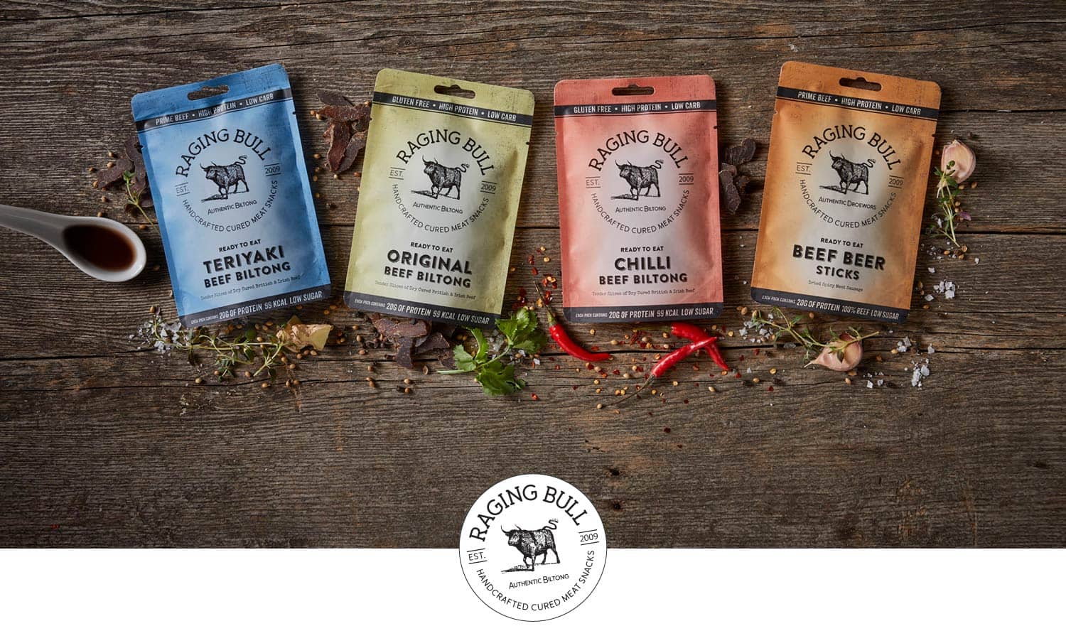 Raging Bull Snacks selection of biltong flavours