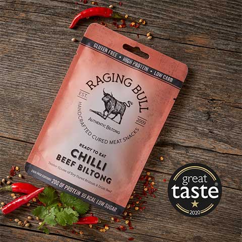 Chilli Beef Biltong from Raging Bull Snacks. Great Taste Award from Guild of Fine Food.