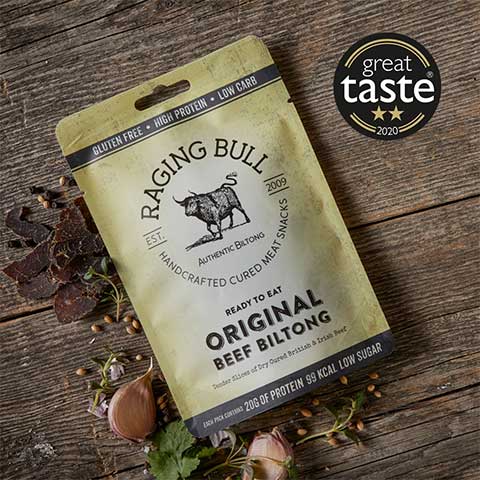 Original Beef Biltong from Raging Bull Snacks. Biltong is high in protein and low in carbs. Great Taste Award from Guild of Fine Food.