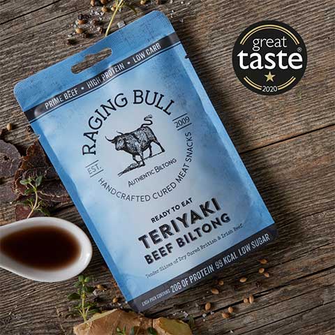 Teriyaki Beef Biltong from Raging Bull Snacks. Great Taste Award from The Guild of Fine Food. High in protein. Low in carbs.