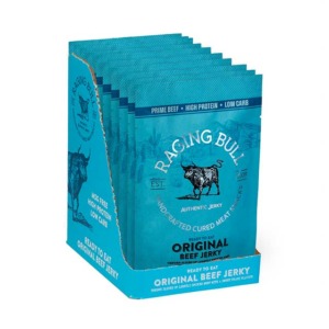 Original beef jerky snack packs from Raging Bull Snacks. 10 x 28g bags. High in protein. Low in carbs