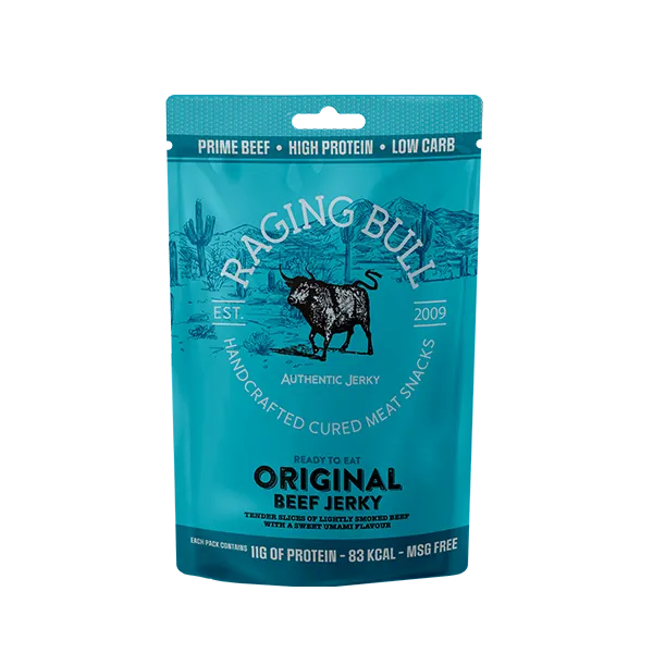 Original beef jerky from Raging Bull Snacks. High in protein. Made in the UK.
