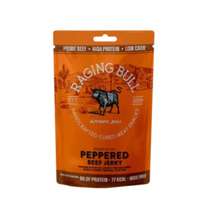 Peppered jerky from Raging Bull Snacks. High in protein. Made in the UK.