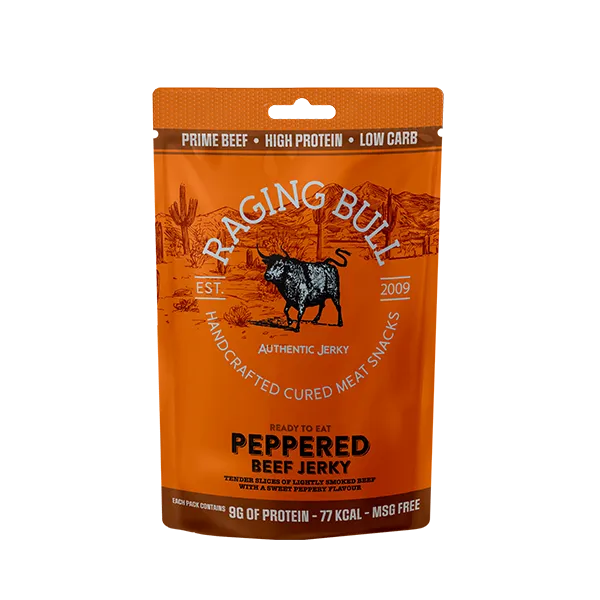 Peppered jerky from Raging Bull Snacks. High in protein. Made in the UK.
