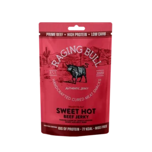 Sweet hot jerky from Raging Bull Snacks. High in protein. Made in the UK.
