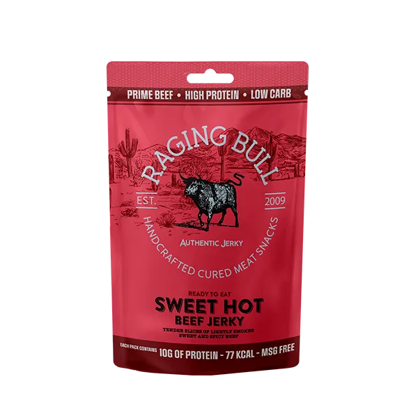 Sweet hot jerky from Raging Bull Snacks. High in protein. Made in the UK.