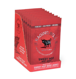 Sweet hot jerky. 10x28g snack packs. Raging Bull Snacks