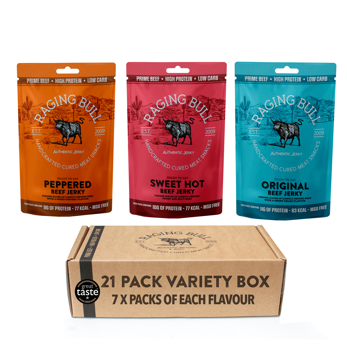 Raging Bull Snacks Variety Box of Jerky. Original Jerky. Peppered Jerky. Sweet Hot Jerky.