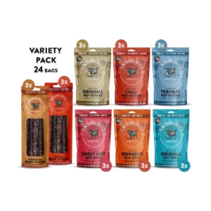 A Biltong and Jerky Variety Pack consisting of 24 packets of biltong and jerky