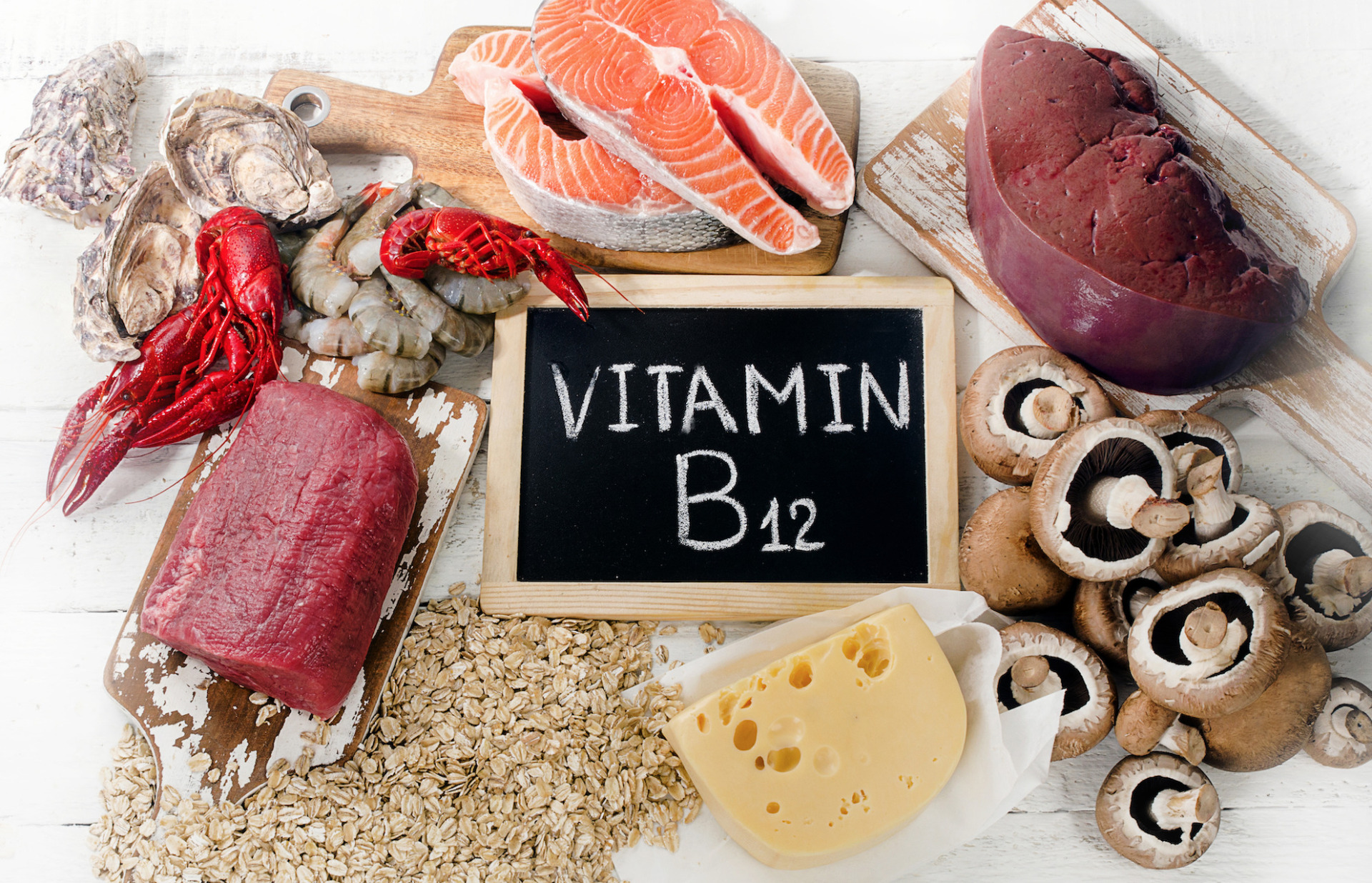 A selection of foods containing vitamin B12. Meat and Raging Bull Biltong contain vitamin B12